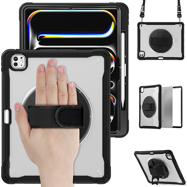 Transparent Plastic and TPU Bumper Rugged Cover case for iPad Pro 13 2024 with Shoulder Belt