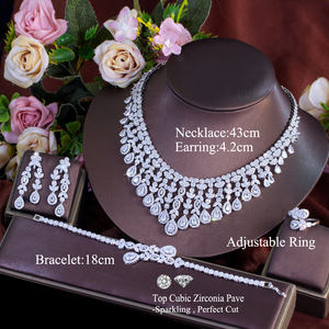الفضة مطلي مكعب زركونيا النيجيري الزفاف لونغ ليف مجوهرات شرابة مجموعة حلقة قلادة أقراط سوار للعرائس - Product Image 3