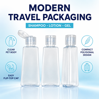 Bouteille trapézoïdale transparente en PET avec bouchon à clapet, vente en gros d'usine, logo personnalisé, emballage vide pour cosmétiques, lotions et shampoings de voyage