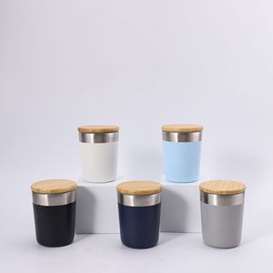 Creative Outdoor Portable Egg Cup 304 Stainless Steel Bamboo Cover Wood Grain Design Take-Away Car Travel Promotional Drinkware