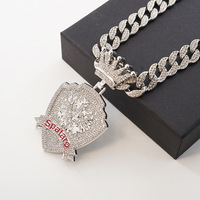 Collier pendentif bouclier couronne en alliage hip-hop avec strass, chaîne cubaine entièrement sertie de diamants, bijoux de mode