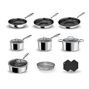 Ensemble de casseroles en acier inoxydable triple couche avec revêtement antiadhésif moderne, comprenant une casserole, une marmite à lait, une poêle à frire, une casserole, 14 pièces - Product Image 2
