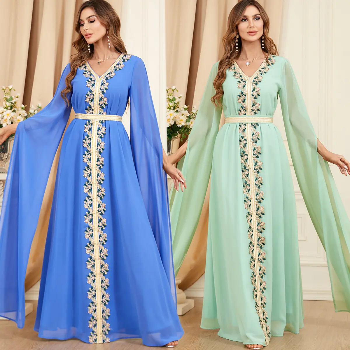 3306New gasa bordado abaya mujeres vestido musulmán China venta al por mayor Eid mujeres vestidos de fiesta largo noche elegante
