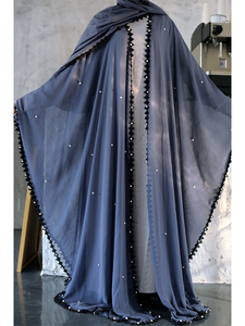 LEDDUO Luxury bead Lace Trim Open Front Cardigan with Hijab Dubai <b>Kaftan</b> Chiffon Abaya - Product Image 2