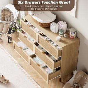 <span class=keywords><strong>Commode</strong></span> à <span class=keywords><strong>6</strong></span> <span class=keywords><strong>tiroirs</strong></span> en rotin GarveeHome, gain de place, à poser au sol, avec <span class=keywords><strong>tiroirs</strong></span> profonds pour chambre à coucher, salon et chambre d'enfant - Naturel - Product Image 3
