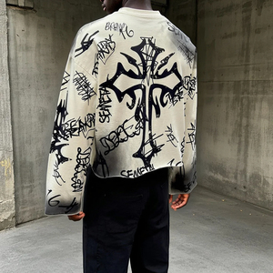 เสื้อยืดโอเวอร์ไซส์สไตล์วินเทจ ผลิตจากผ้าหนา ทรงไหล่ตก รับทำลายกราฟิกตามสั่ง เสื้อยืดแขนยาวแบบเทอร์มอล ล้างสีแบบแอซิดวอช - Product Image 2