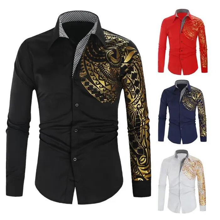 Custom High Quality Large Size Casual Summer Camisa Gold Black Shirt Casual Men's Slim Shirt