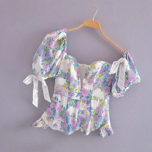 Nuovo Abito Estivo Stile Retrò Francese Floreale con Spalle Scoperte, Maniche Corte, Schiena Scoperta, Fiocco, Maniche a Sbuffo, Stile Streetwear, Vita Alta e Scollo a Barca - Product Image 3