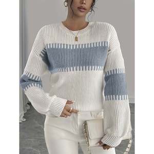 Pull rayé à épaules tombantes à manches longues blanc abricot pour femmes - Product Image 2