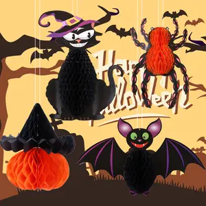 Nieuwe Halloween Feestartikelen Grote Kat Bat Pompoenhoed Heks Bloem Spin Honingraat Papier Festival Rekwisieten Hangende Decoraties