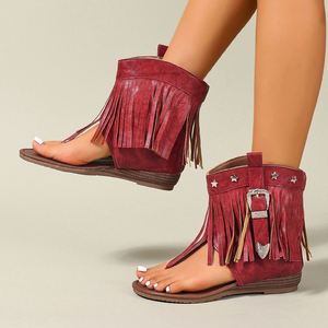 Plus Size <b>Flat</b> Tassel slip on Flip Flops Women Fashion Roman Western Style Fish Toe <b>Sandals</b> Soft Sole Non slip Breathable - Product Image 4