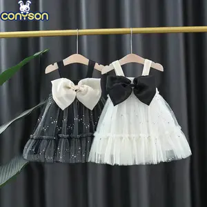 康义森最新设计时尚夏季棉衬衫设计亮片网眼蝴蝶结甜美风格婴儿服装女孩素色连衣裙