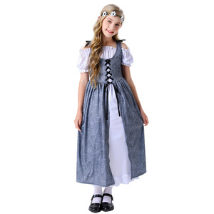 Girls Medieval Style Dress Costume Stage Performance Outfit Gray <b>White</b> <b>Lace</b> Up Skirt Set - Product Image 5
