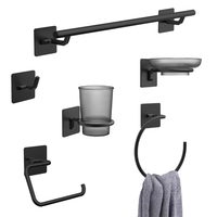 Perlengkapan Kamar Mandi Hotel Modern Tanpa Bor Perekat Tempel Sendiri Bahan Stainless Steel 304 Hitam Matte Kotak 4 Buah untuk Kamar Mandi dan Toilet