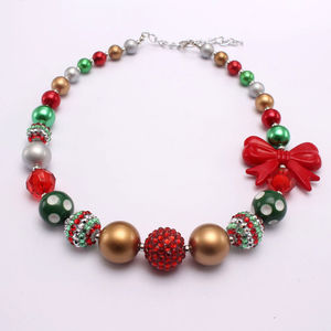 Collier de Noël en chewing-gum fait à la main pour les enfants, les bébés filles, nœud volumineux, perles, charme, style mignon pour les mariages et les fêtes - Product Image 3