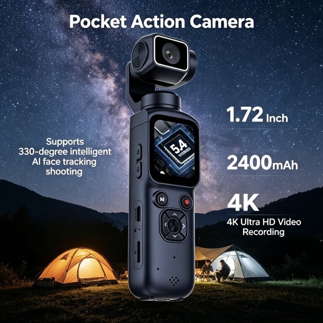 Pocket Handheld Gimbal Camera 330° Auto Face Tracking 31 Filters 1.72" Touch Screen Vlogging Camera Wholesale 2400mAh Battery