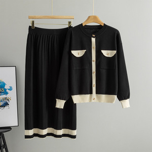 Ensemble deux pièces en tricot anti-rides de style coréen pour l'automne et l'hiver, jupe mi-longue plissée, ample, élégante, avec poches, pour femmes, 0942 - Product Image 2