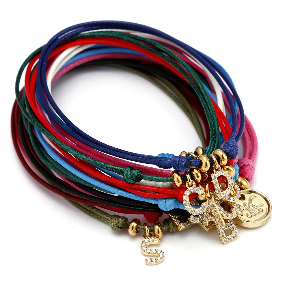 Pulsera con colgante de letras de cobre con alfabeto Iced, cuerda de cera colorida de la suerte, con abalorio de CZ, nueva moda