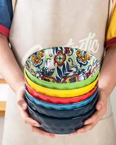 Cuencos de cerámica para sopa y ensalada, cuencos de porcelana coloridos y profundos de 30 Oz, estilo bohemio, para cereales