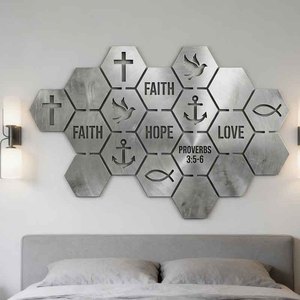 Arte Mural Metálico Cristiano Modular, Hexágonos de Acero Reciclado Cortados con Láser, con Versículos Bíblicos y Símbolos Religiosos para Decoración del Hogar - Product Image 3