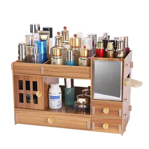 Luxe Houten Makeup Opbergdoos Organizer Cosmetische Storage Case Organizer W/Tissue Doos, 3 Lade, Hd Spiegel