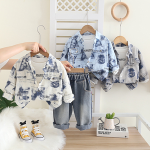 Ensemble de vêtements 3 pièces pour garçon de haute qualité veste en jean lettre teinte par cravate et chemise en jean en gros pour les enfants - Product Image 1