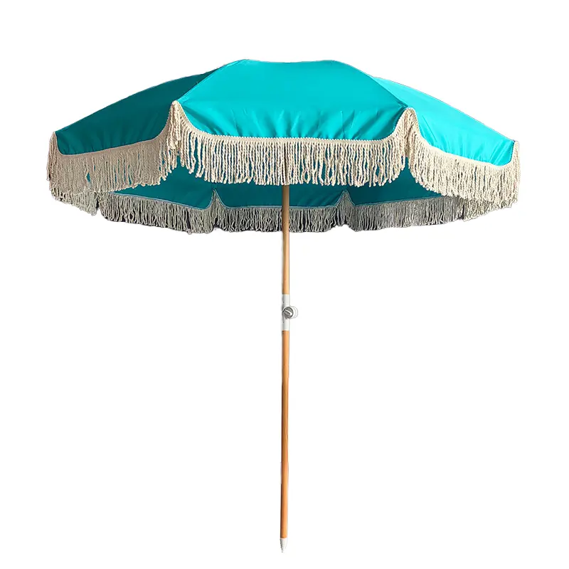 Grosir menyesuaikan tiang kayu luar ruangan Boho putih payung pantai dengan rumbai rumbai, minggu BP perabotan antik payung matahari