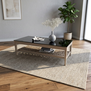 Table basse moderne rectangulaire, table centrale avec plateau en verre et base en bois, table à thé pour salon - Product Image 4