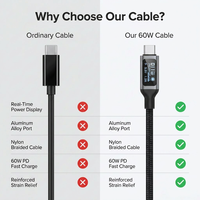 Schitec 60W PD-Kabel mit Echtzeit-Leistungsanzeige, Aluminiumlegierung, sicheres Laden, USB-C-auf-C-Kabel mit Nylonummantelung für Laptop und Smartphone