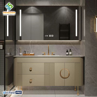 Meuble-lavabo mural incurvé moderne et luxueux en bois massif Juerte 2026 OEM avec robinet de lavabo en cuivre et vasque en céramique pour salle de bain et chambre