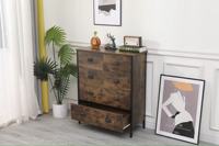 Commode industrielle rustique marron à 5 tiroirs, armoire de rangement en bois avec pieds en métal noir pour chambre, couloir, salon