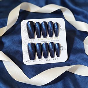 Faux <span class=keywords><strong>ongles</strong></span> longs en amande à presser, <span class=keywords><strong>bleu</strong></span> <span class=keywords><strong>marine</strong></span> effet œil de chat, 10 pièces, faits main, couvrance totale, en acrylique, pour fêtes et usage quotidien - Product Image 1