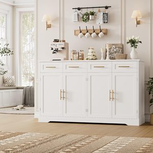 Buffet de 60 pouces avec rangement, armoire de cuisine de 36 pouces de hauteur avec 4 tiroirs, meuble bar à café avec poignées dorées, blanc - Product Image 1