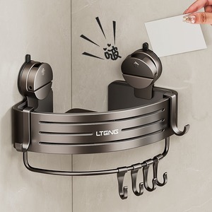 Blue Vine Corner Bathroom Shelf Suction Mounted Triangle Storage Rack With <b>Hooks</b> For Shower Toilet - Product Image 3