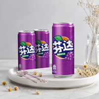 Boisson gazeuse Fanta très vendue, saveurs orange, raisin, pêche, pomme verte, canette mince 330 ml, compatible végétalien