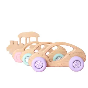 Neues Silikon Buchenholz Zug spielzeug Lebensmittel qualität Biss größe Holzauto Beißring Buchenholz Spielzeug auto Babys pielzeug für Kinder