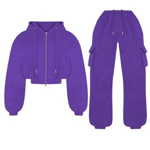 Custom Winter Solid Cropped Zip-Up Hoodie and <b>Sweatpants</b> <b>Set</b> for Women-Sporty Casual Loose Fit - Product Image 6