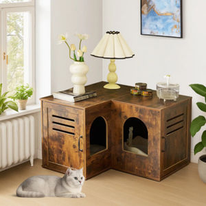 Meuble d'angle pour chat style ferme avec double bac à litière, meuble de rangement pour chat d'intérieur à double compartiment, table d'appoint, bac à litière dissimulé - Product Image 3