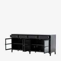 Buffet en bois massif noir à 4 tiroirs et portes vitrées pour salon, cuisine, salle à manger, hôtel et appartement