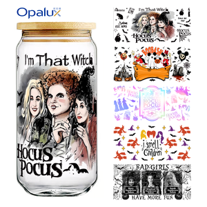 Adesivi in Vinile UV per Trasferimento Serie Cartoni Animati Americani di Halloween, <span class=keywords><strong>Hocus</strong></span> <span class=keywords><strong>Pocus</strong></span>, Scopa, Cappello da Strega, Elementi Magici, per Tumbler Durevoli - Product Image 1