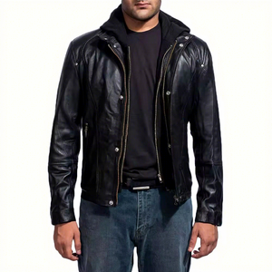 <b>Mens</b> <b>Real</b> <b>Black</b> Leather Jacket Hooded Sheepskin Double Zip Silver Snap Studs Biker Coat Custom Autumn Winter Warm Outerwear - Product Image 1
