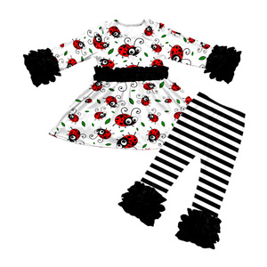 Conjunto de 2 piezas de seda de leche para niñas pequeñas, top tipo túnica de manga larga con volantes estampados y pantalones, ropa suave de seda de leche para niños - Product Image 3