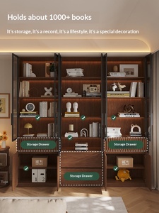 XHA Eco-Friendly <b>Solid</b> <b>Wood</b> Home Office <b>Bookcase</b> with Glass Doors Modern Minimalist Design Floor Mount Black Walnut Finish - Product Image 4