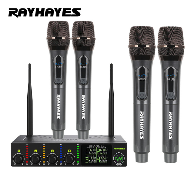 RAYHAYES R-004 4 Channel Wireless Microphone System Dual Handheld Uhf Professional Karaoke Microphone