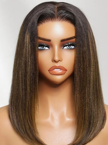 Perruque BOB en cheveux humains 7x5 sans glissement, raie latérale, lisse, sans colle, avec cordon de serrage, noire avec mèches caramel - Product Image 3