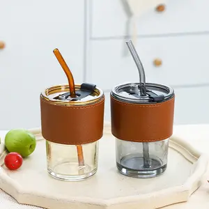 350ml Simple Stripe Coffee Glass Cup With Lid and Straw Transparent Bubble  Tea Cup Household Ice Cream Yogurt Milk Juice Mug - AliExpress