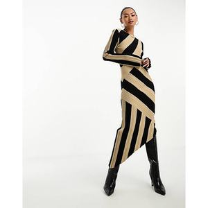 Nuevo Vestido Midi Asimétrico de Punto a Rayas Beige y Negro - Product Image 2