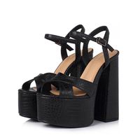 Sandales à plateforme en daim noir pour femme, à talon haut, à brides croisées, bout ouvert, bride cheville, talon carré, boucle, pour soirée, club, ou tenue habillée