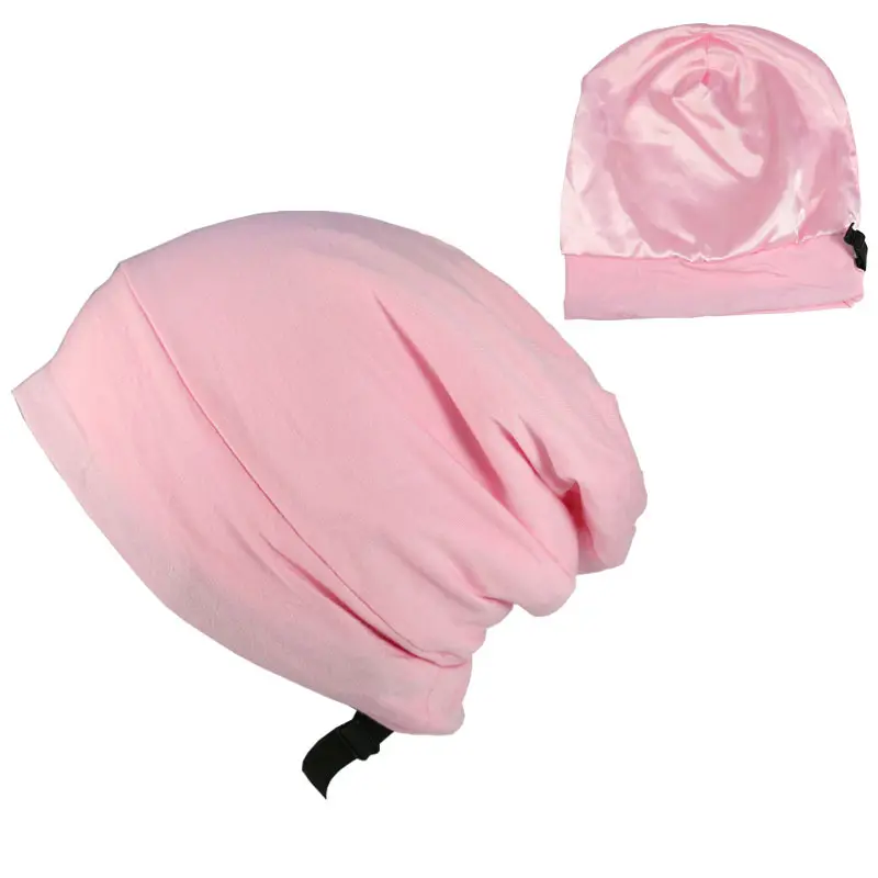 Low Moq double Layer Stretch Cotton Bonnet With Satin Lining Adjustable Night Sleep Hats With String for Women