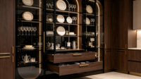 Meubles de cuisine sur mesure haut de gamme, vitrine en verre noir, appareils électroménagers encastrés, mobilier pour projets de luxe, vente en gros